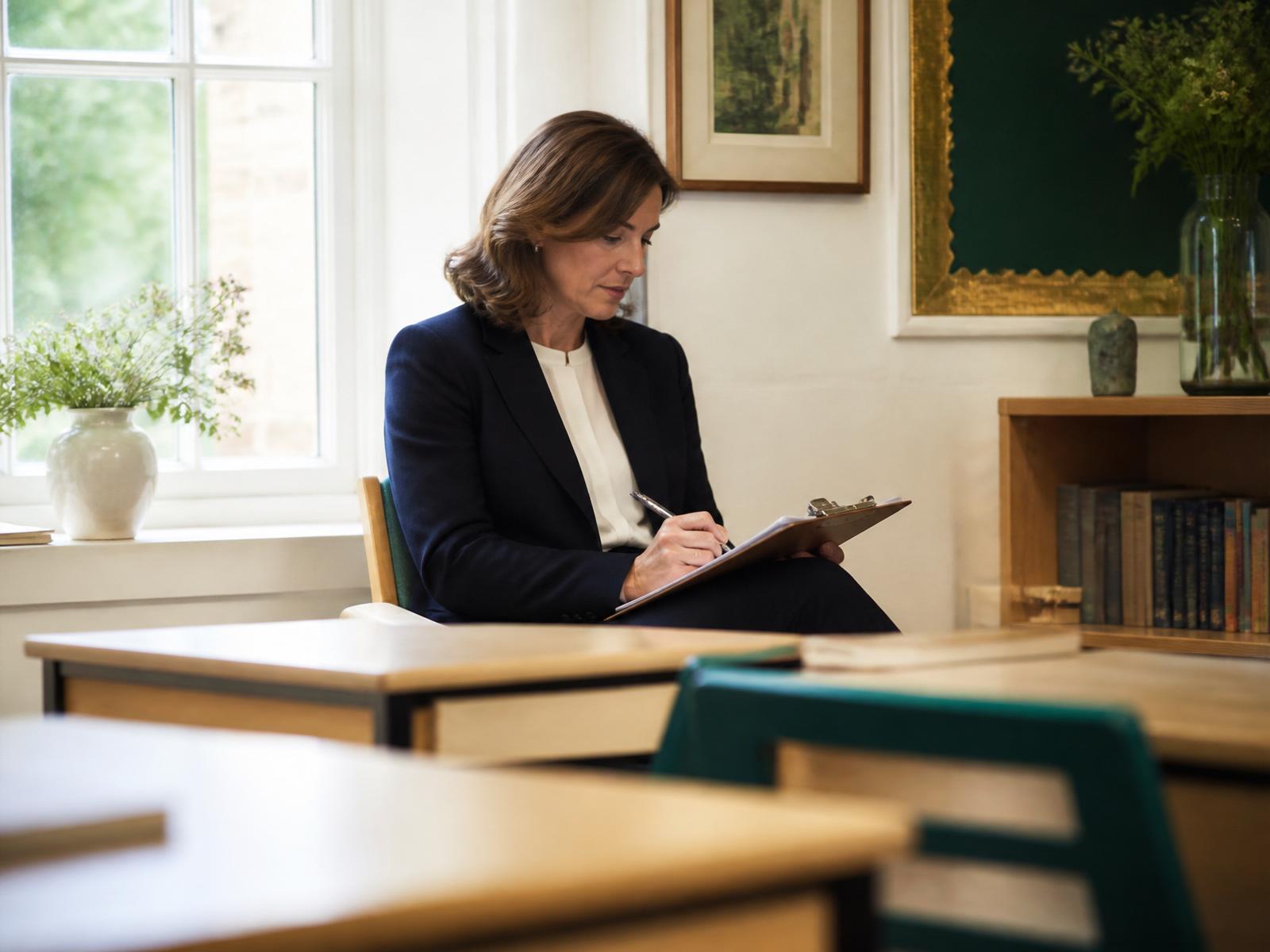 A teacher-mentor taking developmental notes on a clipboard during a lesson observation