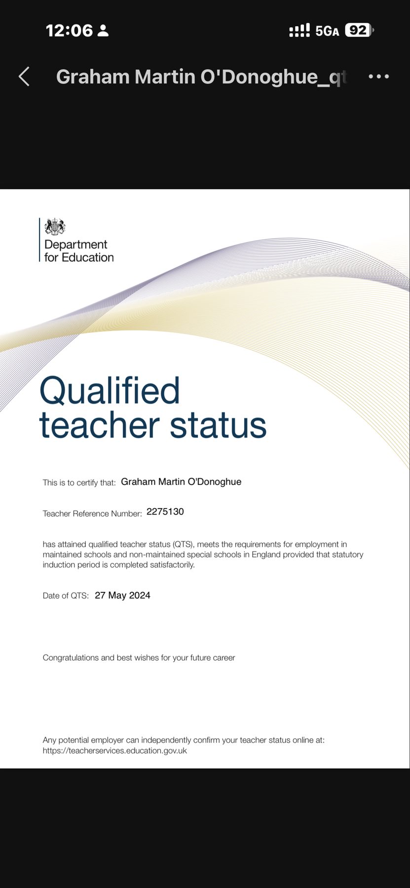 QTS certificate for Graham Martin O'Donoghue