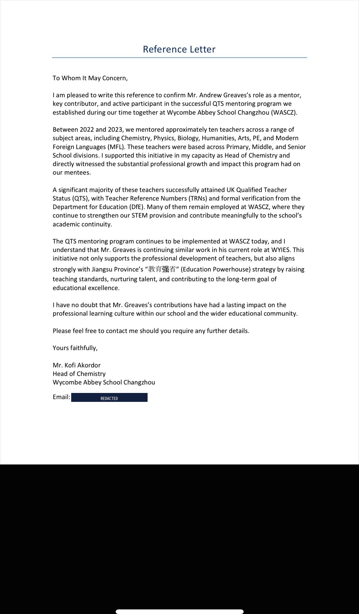 Reference letter from Wycombe Abbey School Changzhou confirming successful QTS certification of mentored teachers
