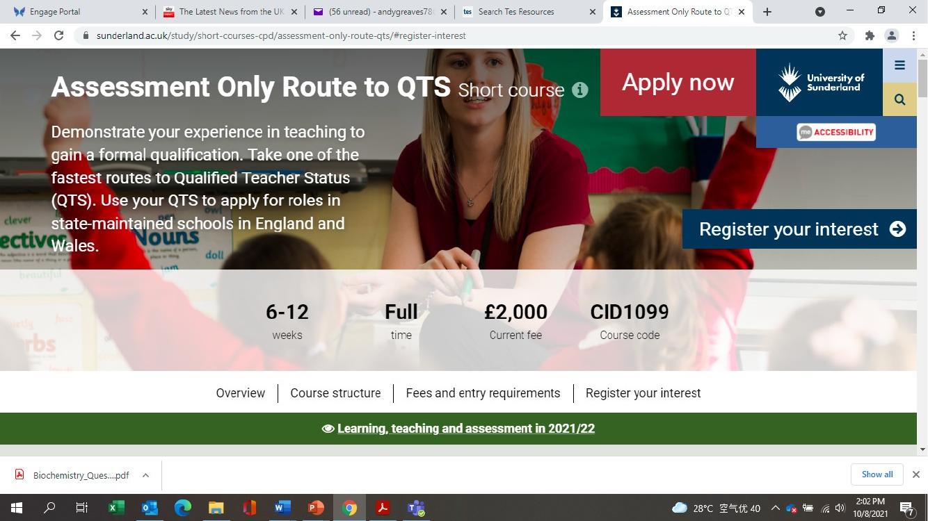 Cover of University of Sunderland — Assessment Only Route to QTS Information
