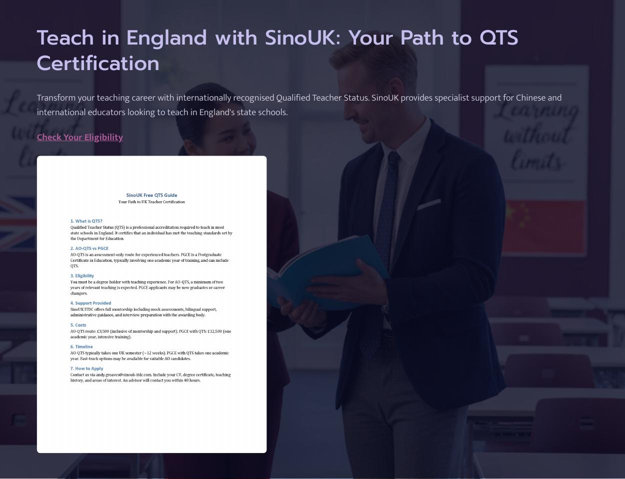 Cover of Teach in England with SinoUK — Your Path to QTS Certification
