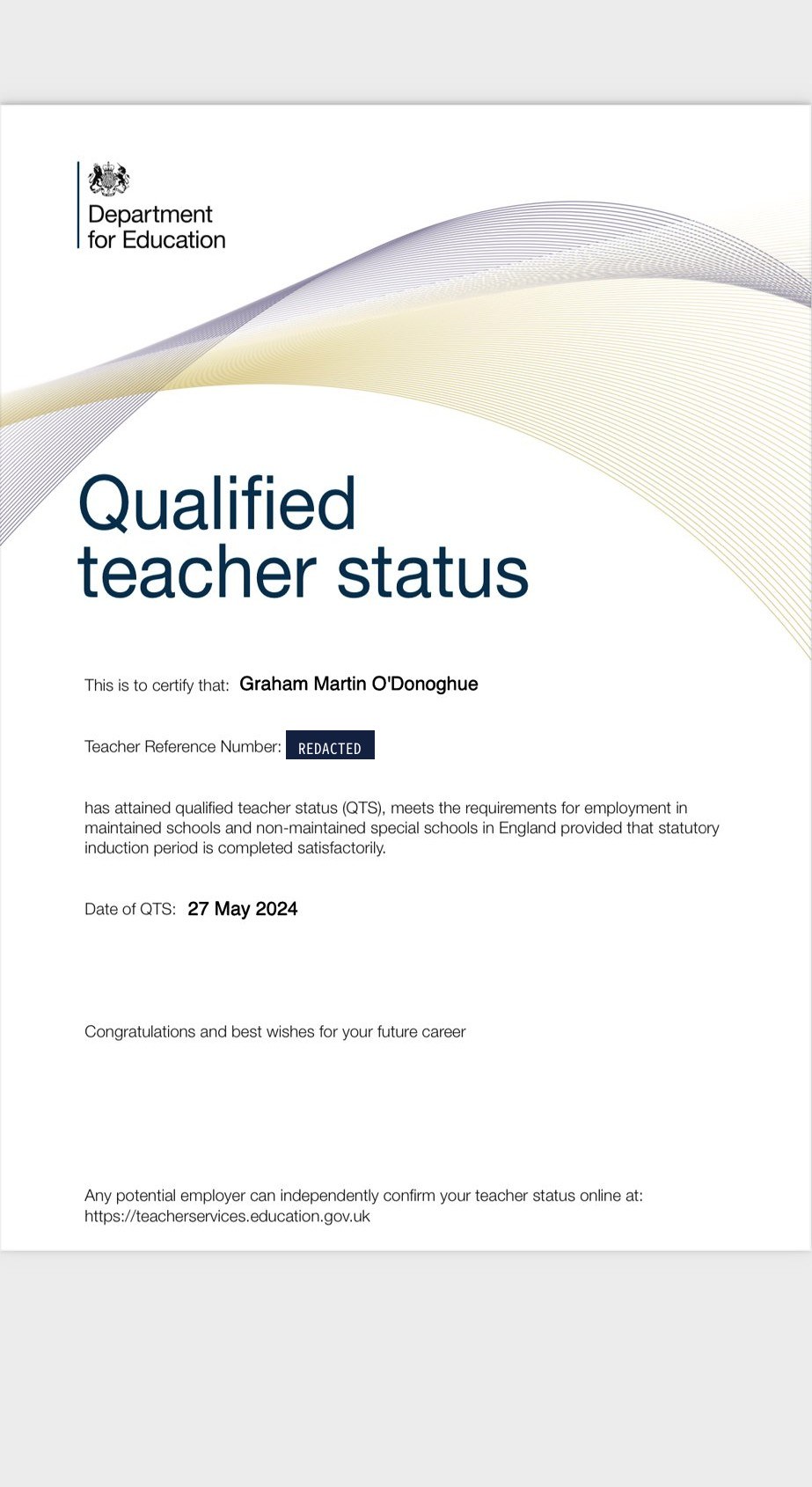 UK Qualified Teacher Status certificate awarded to Graham Martin O'Donoghue
