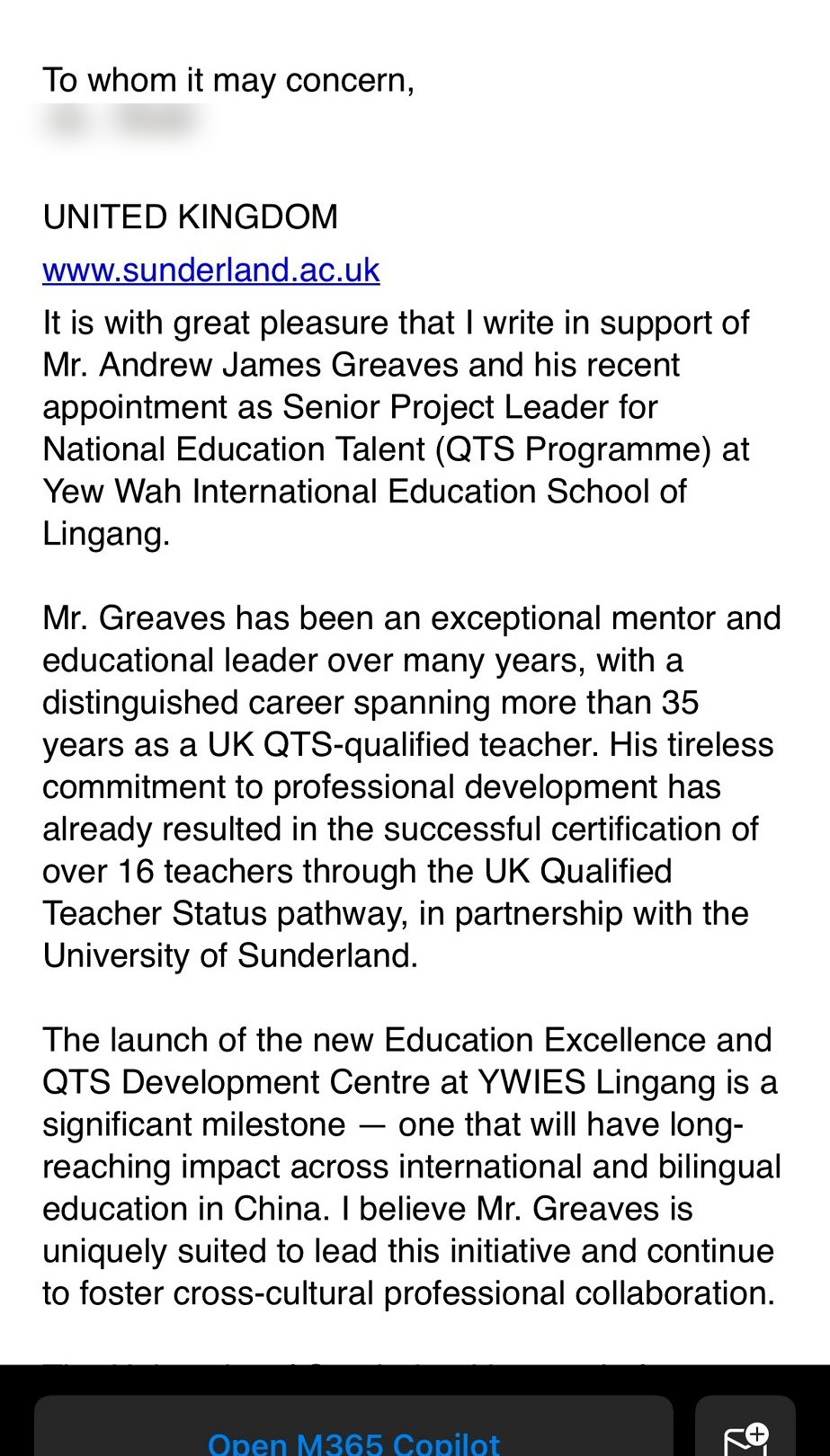 Letter of support from Ian Elliott, Senior Lecturer and University Governor, University of Sunderland