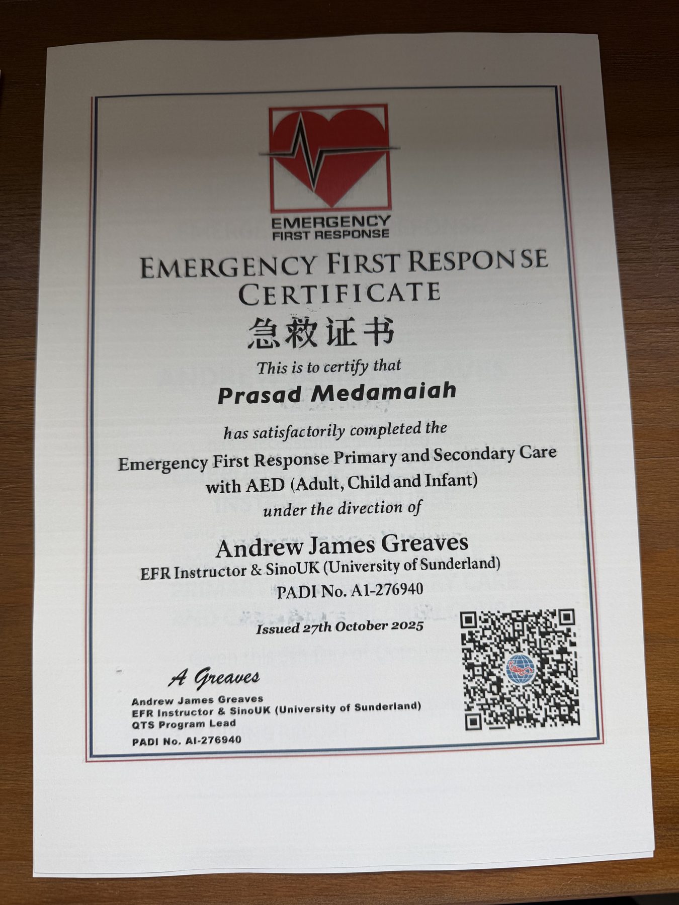 Emergency First Response Instructor certificate awarded 5 October 2025