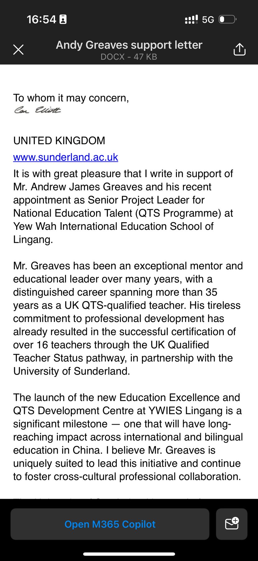 Support letter from Ian Elliott, University of Sunderland — page 1