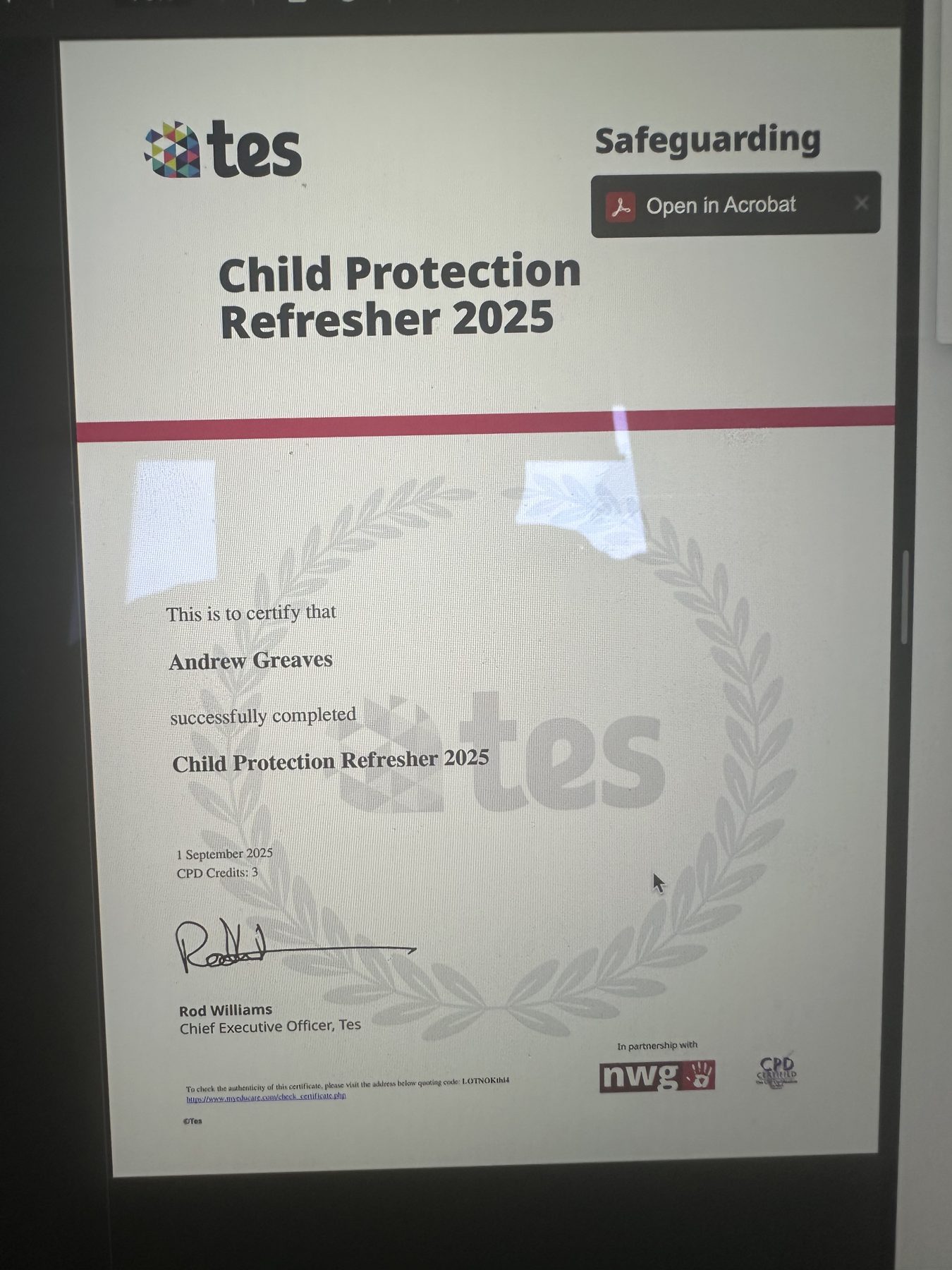 TES Safeguarding Child Protection Refresher 2025 certificate