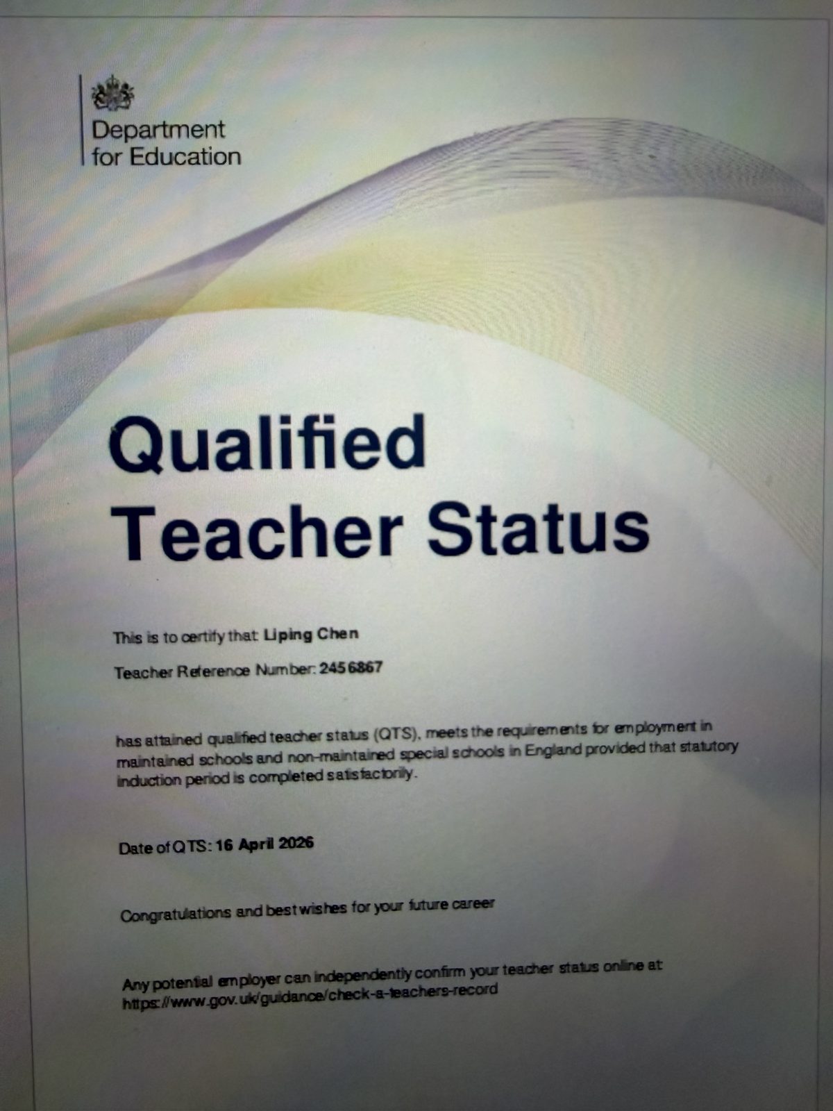 UK Department for Education Qualified Teacher Status certificate issued to Liping Chen