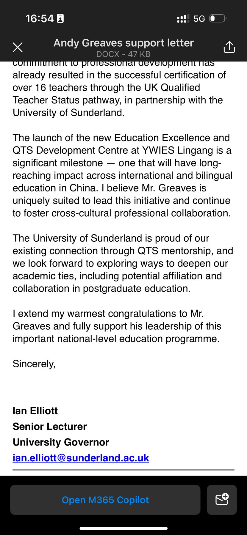 Support letter from Ian Elliott, University of Sunderland — page 2