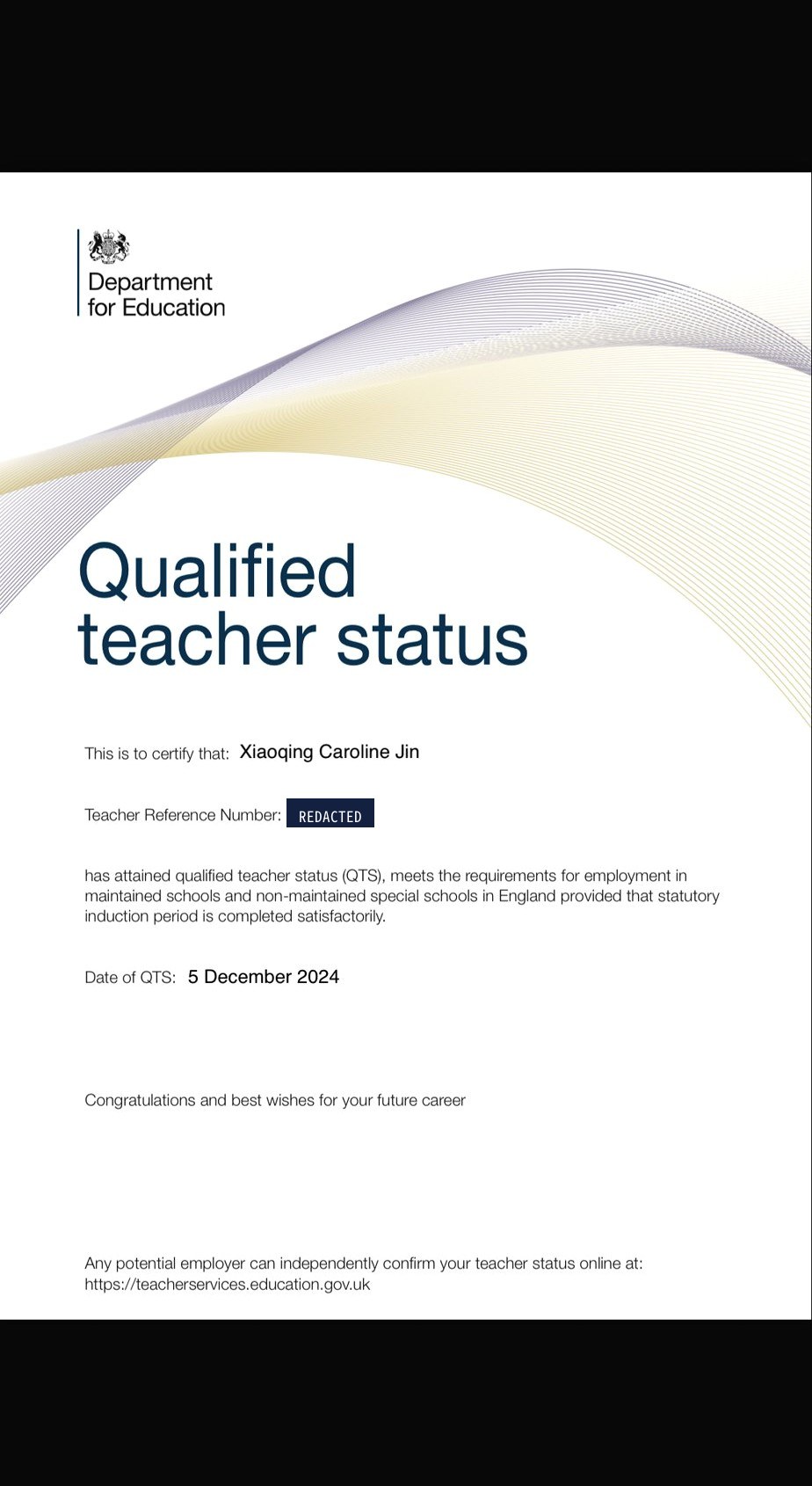 UK Qualified Teacher Status certificate awarded to Xiaoqing (Caroline) Jin