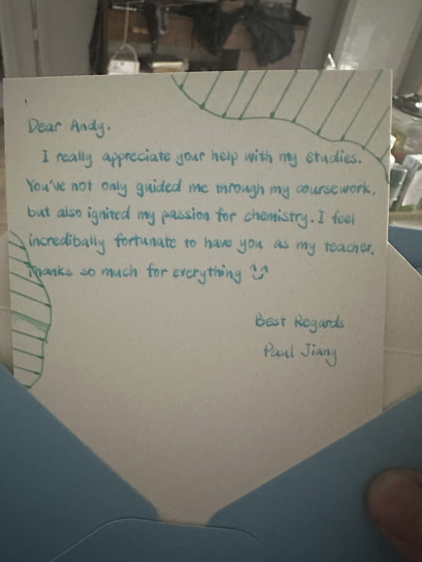 Handwritten thank-you note from the student to his teacher