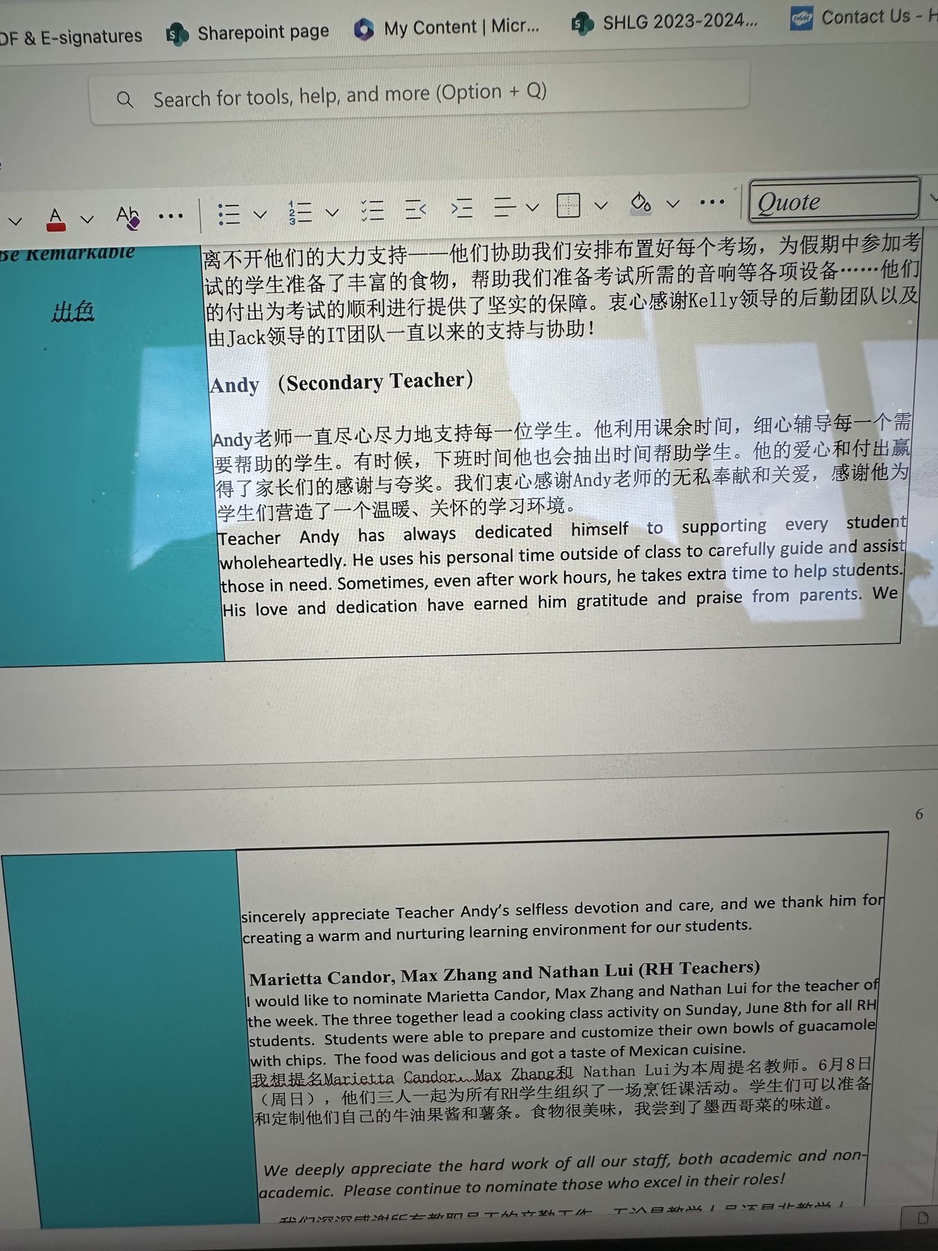 Support letter opened on-screen ahead of formal submission