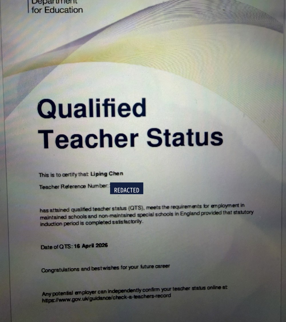 UK Qualified Teacher Status certificate awarded to Liping Chen