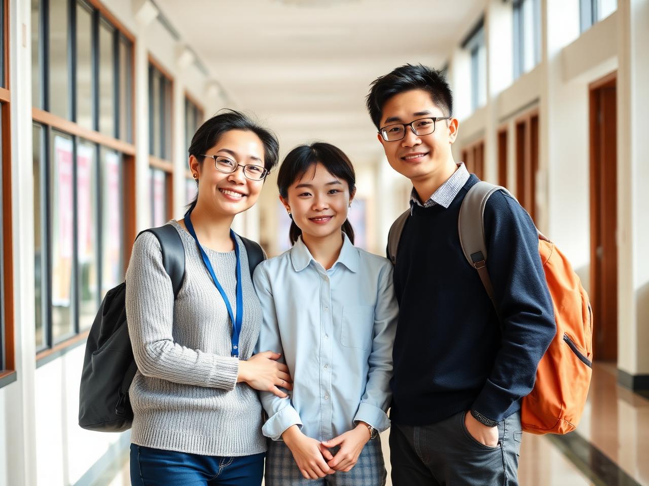 Teachers mentoring in a school corridor