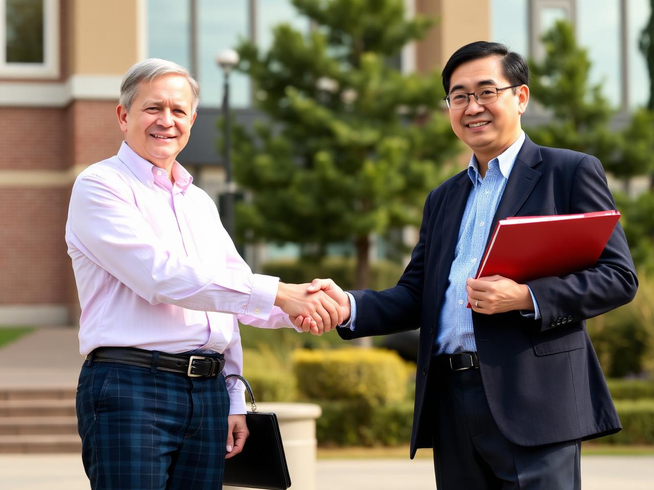 Two educators shaking hands outside a university